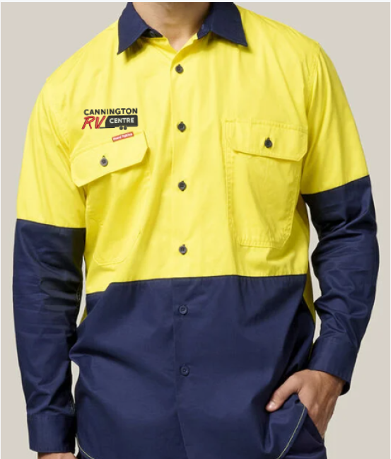 NEW AGE C - Y07558 - L/S HI VIS SHIRT- VENTED - 145GSM - YELLOW/NAVY