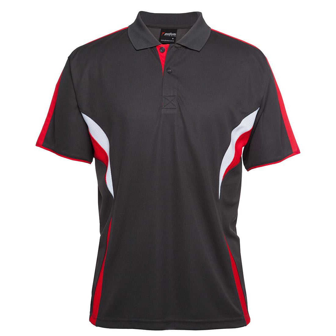 EXPLORE TOURS - 7COP - MENS PODIUM COOL POLO - GUNMETAL/RED/WHITE