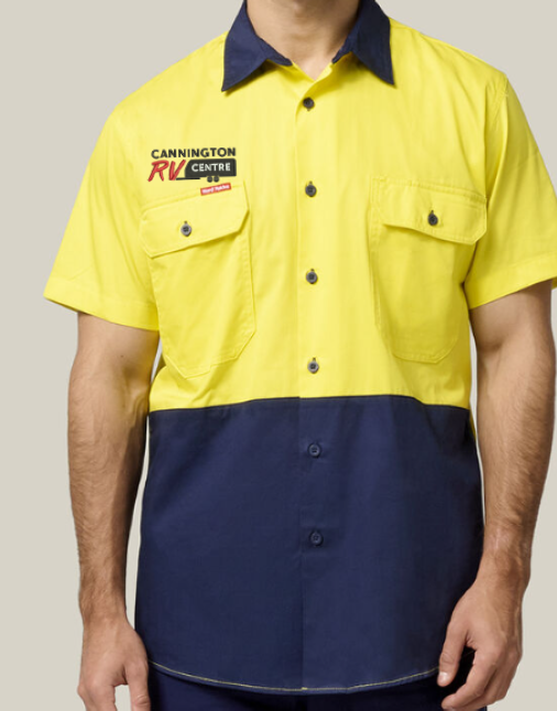 NEW AGE C - Y07559 - S/S  HIVIS SHIRT - VENTED - 145GSM - YELLOW/NAVY