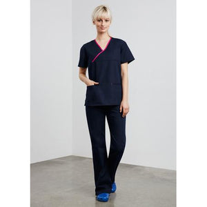 H10722 LADIES CONTRAST CROSSOVER SCRUBS TOP