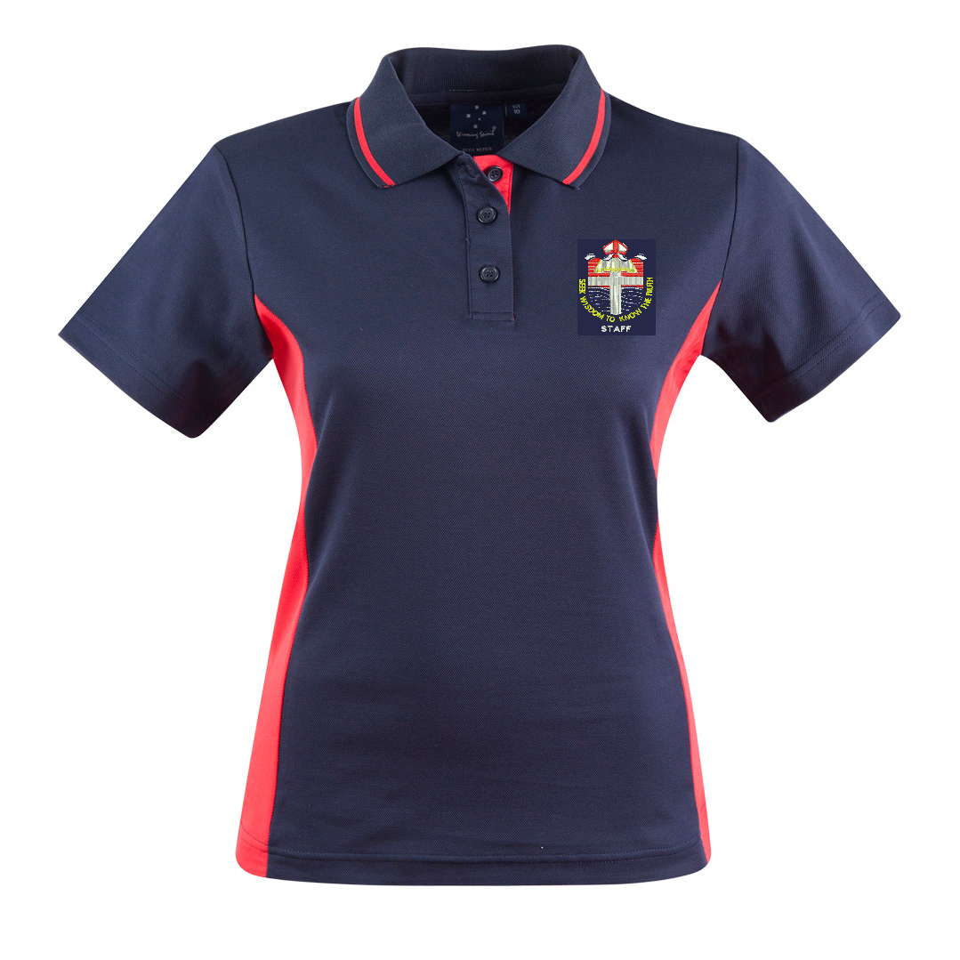 JOHN WOLLASTON STAFF PS74 LADIES TEAMATE POLO (NAVY/RED)